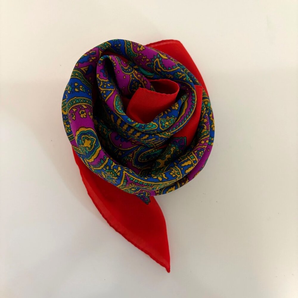 Paisley Multicolor Scarf Red Border Square 31 inch Bold Maximalist Chic Vintage